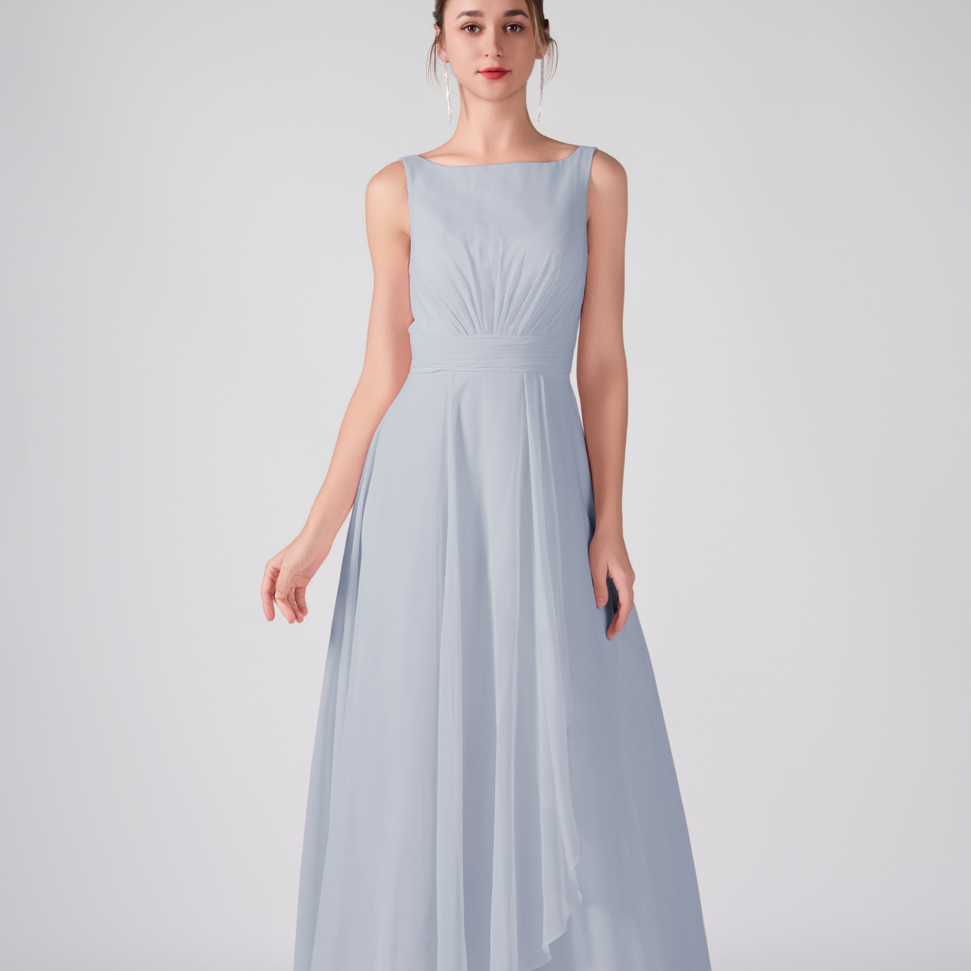 Bateau Neckline Sleeveless Ruched A-Line Maxi Dress