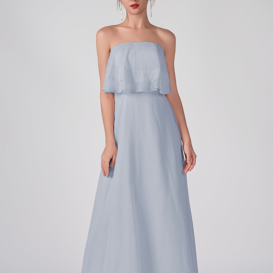 Robe trapèze en mousseline de soie sans bretelles à volants, longueur au sol