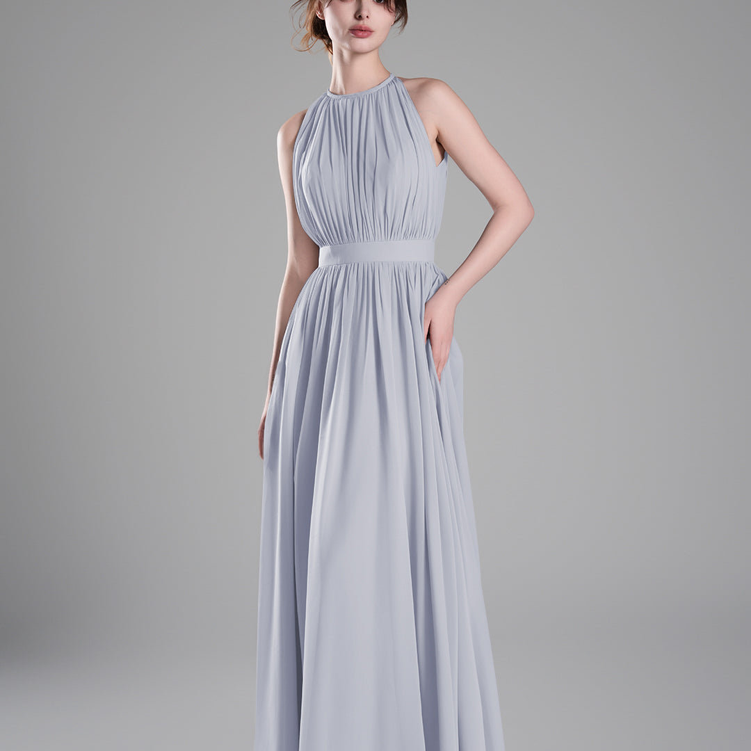 Halter Neckline Pleated Cinched Waist Dresses