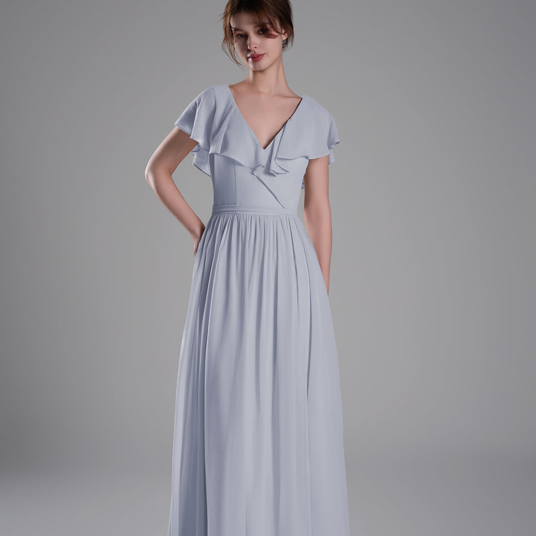 Deep V-Neckline Flutter Sleeves Tie Detail Dresses