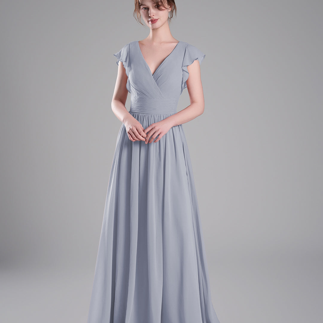 Flutter Sleeves Pleated Bodice Open Back Dresses