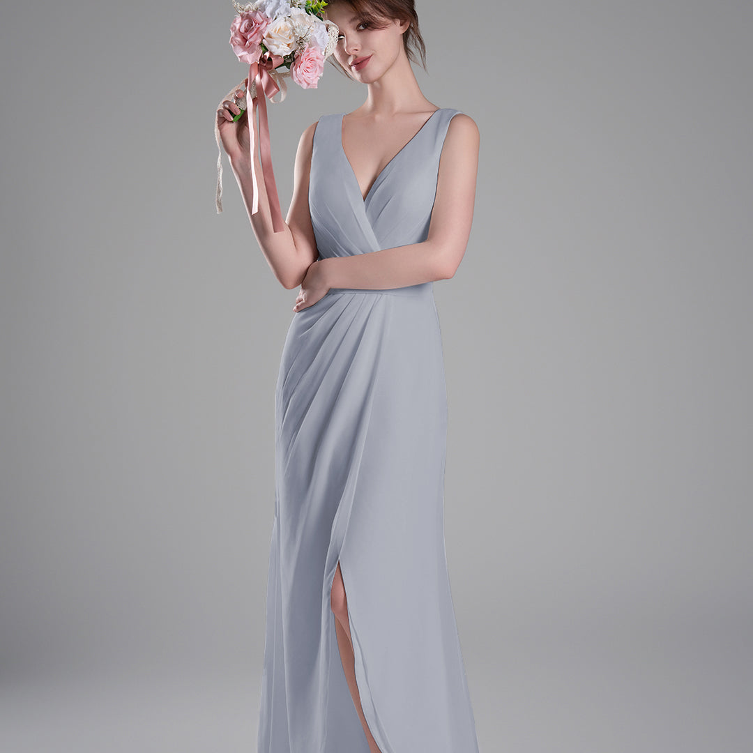 V-Neck Crossover Bodice Pleated Front Slit Dresses