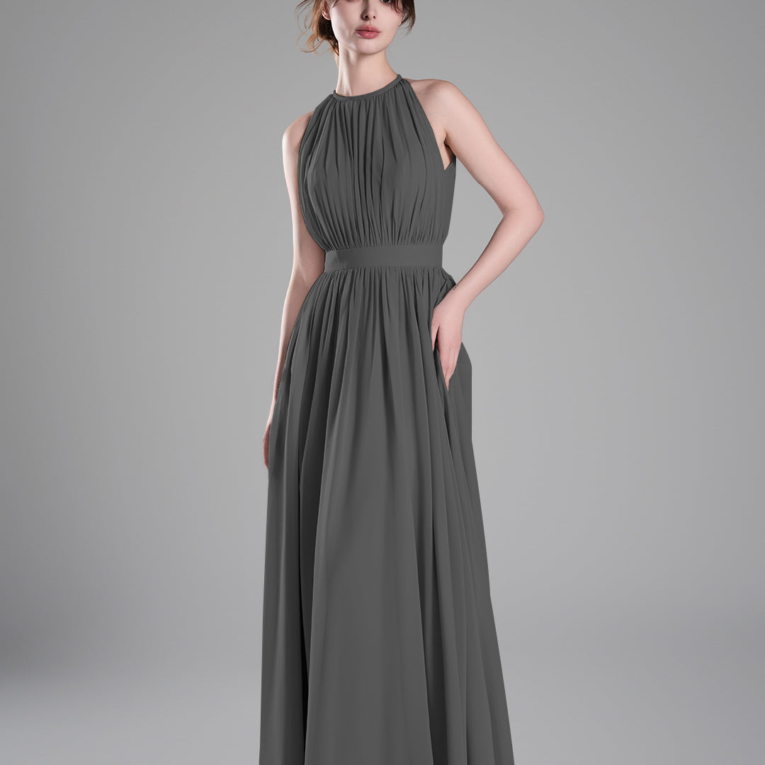 Halter Neckline Pleated Cinched Waist Dresses