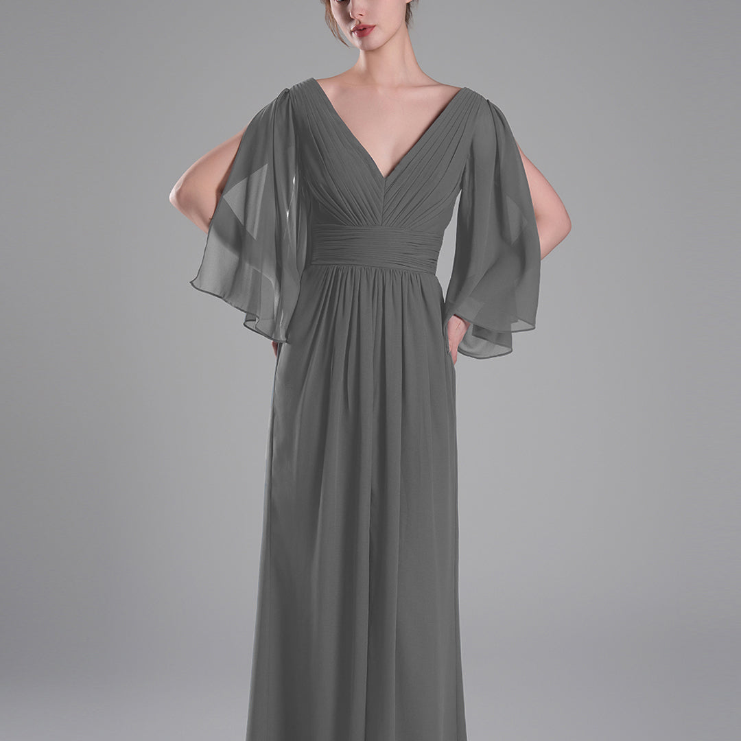 Flowing Chiffon Sleeves Ruched Waistline Slit Dresses