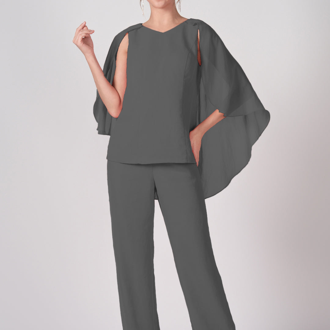 2-Piece Mother of the Bride Chiffon Pant Suits with Cape