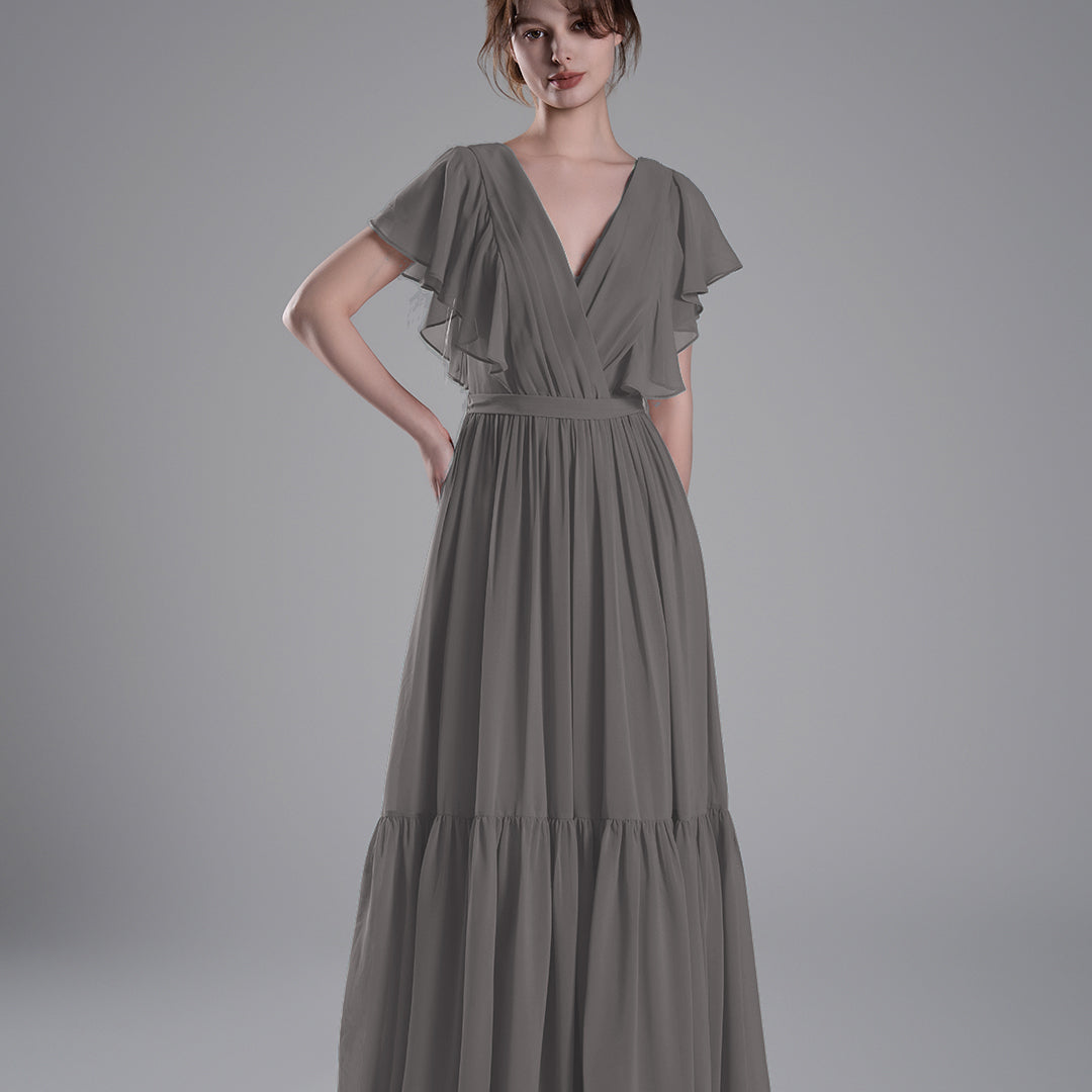 Elegant Ruffled V-Neck Chiffon Patchwork Maxi Dress