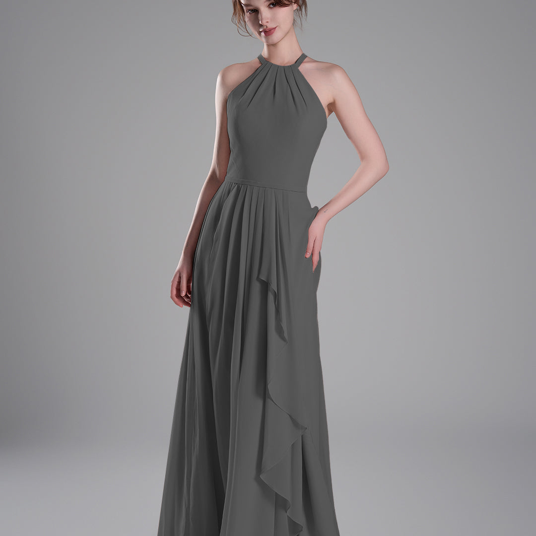 Halter Neckline Pleated Asymmetrical Ruffle Dresses