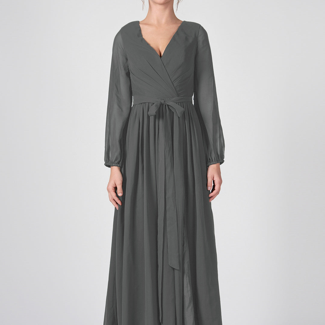 Ruched V-Neck Long Sleeve Split Maxi Dresses with Tie