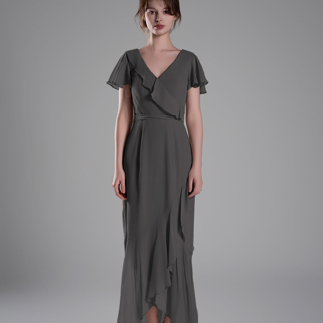 V-Neck Ruffled Detailing Pleated Patchwork Dresses