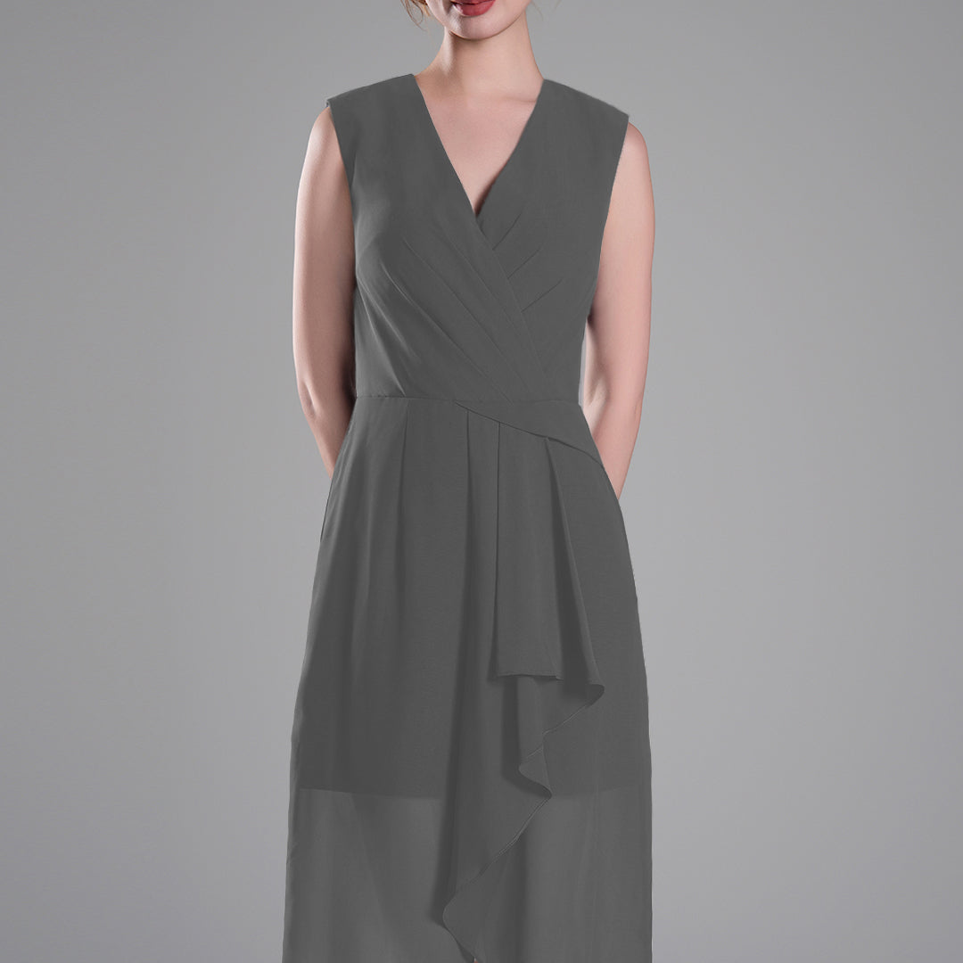 Sophisticated PleatedV-Neck Flared Hem Dress