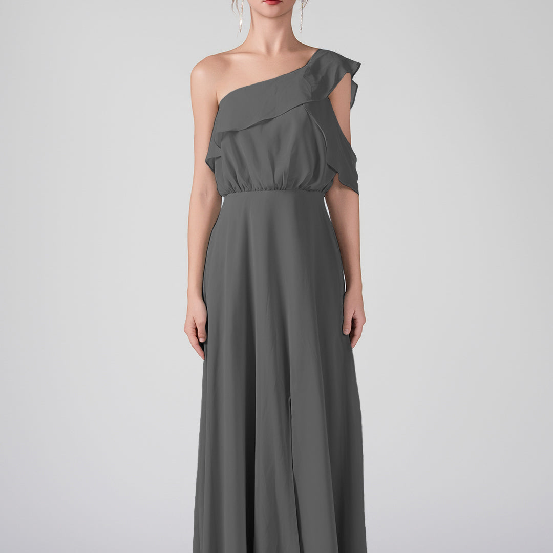 One Shoulder Ruffled Sleeves Front Split A-Line Maxi Dress