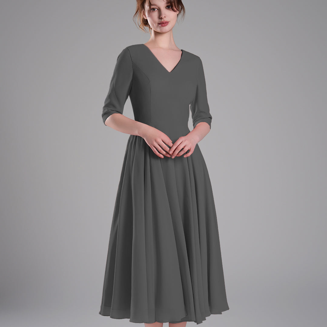 Elegant Chiffon Midi Dress with 3/4 Sleeves