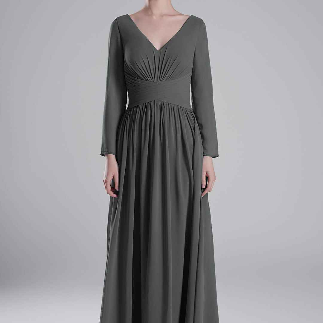 V-Neck Pleated Fitted Waist Flowing A-Line Dresses