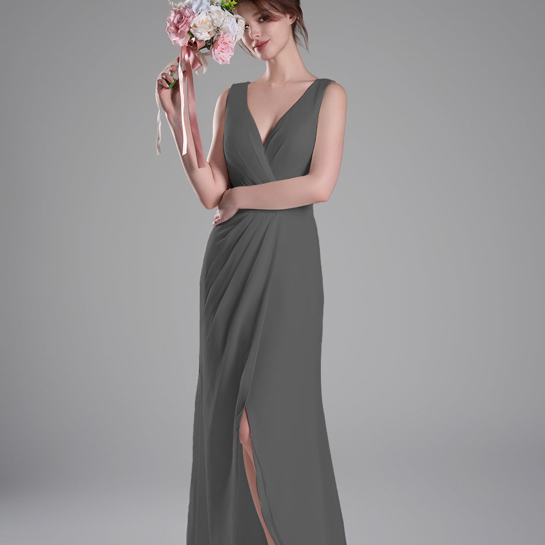 V-Neck Crossover Bodice Pleated Front Slit Dresses