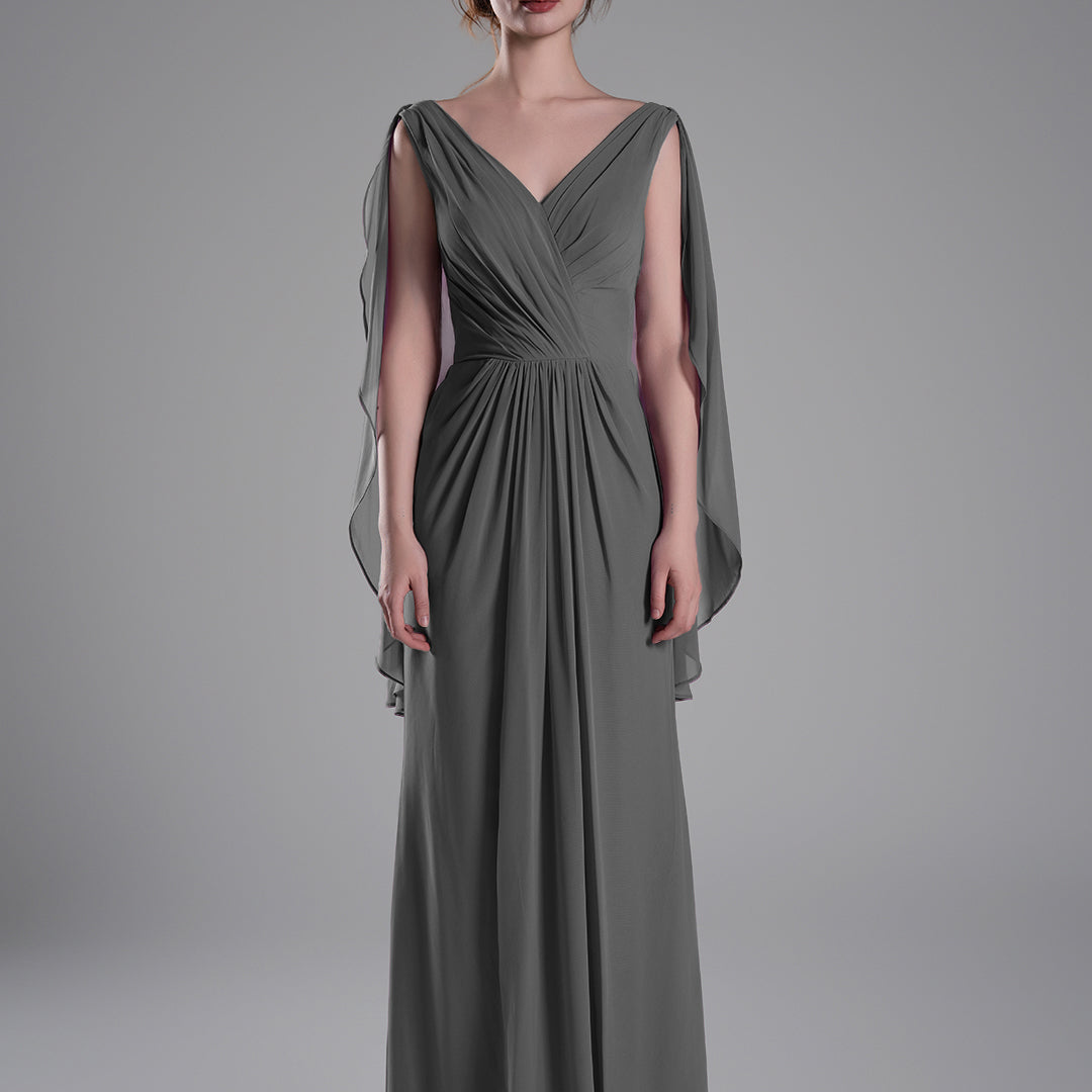 V-Neck Flowing Cape Sleeves Pleated Dress