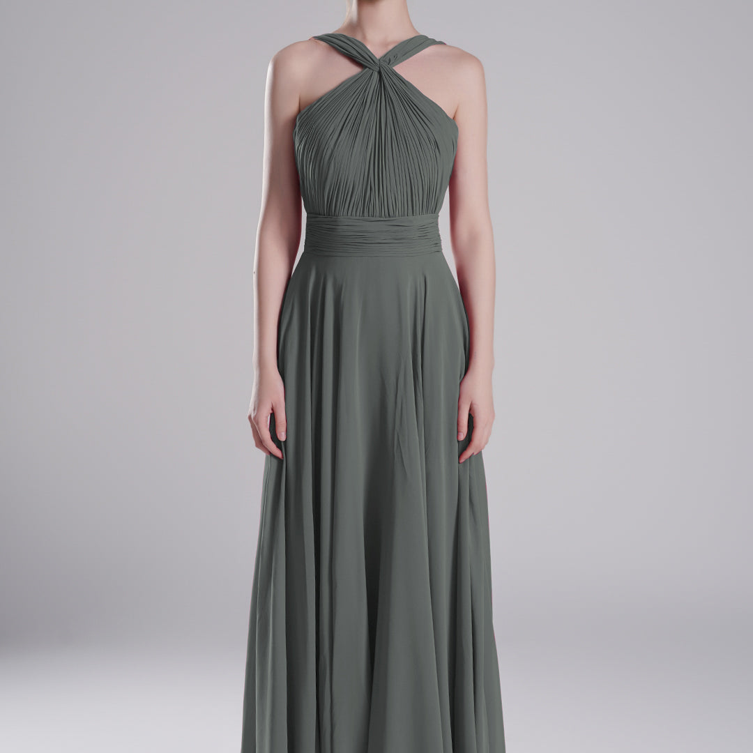 Halter Neck Cross Straps Pleated Waist A-Line Dresses