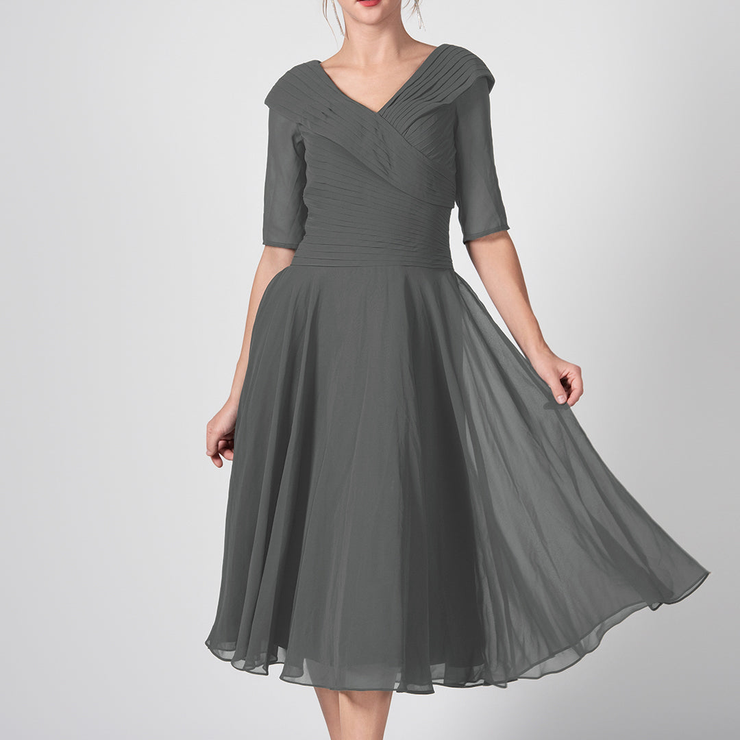 V-Neck Pleated A-Line Mother of the Bride Midi Dresses