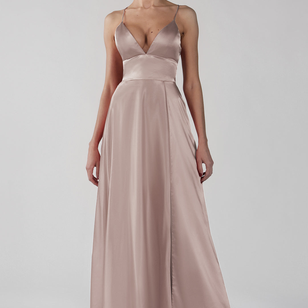 Deep V-Neck A-Line Backless Lace-Up Satin Maxi Dress