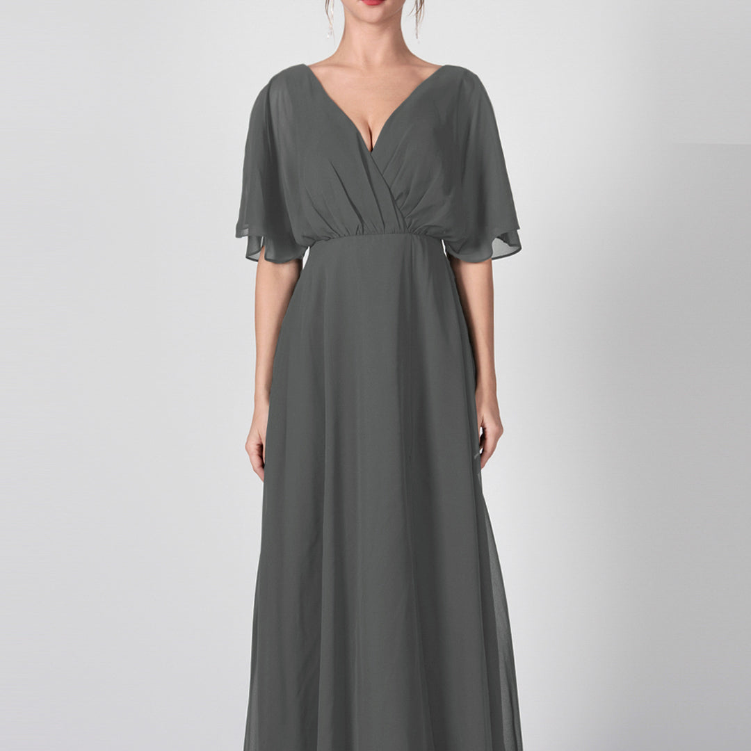 Open Back V-Neck Split Chiffon Maxi Dresses