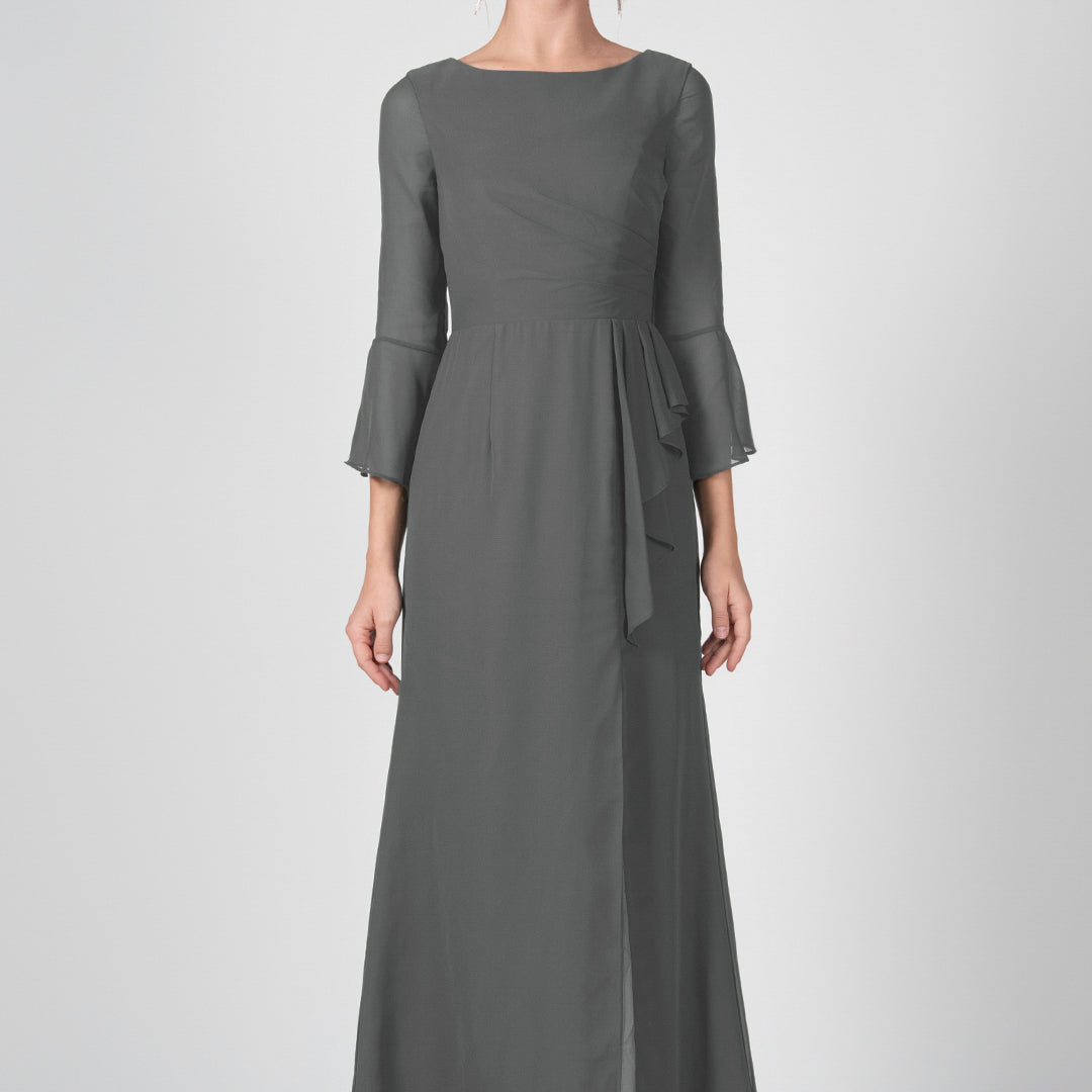 Bateau Neck Sheer Sleeve Split Maxi Dresses