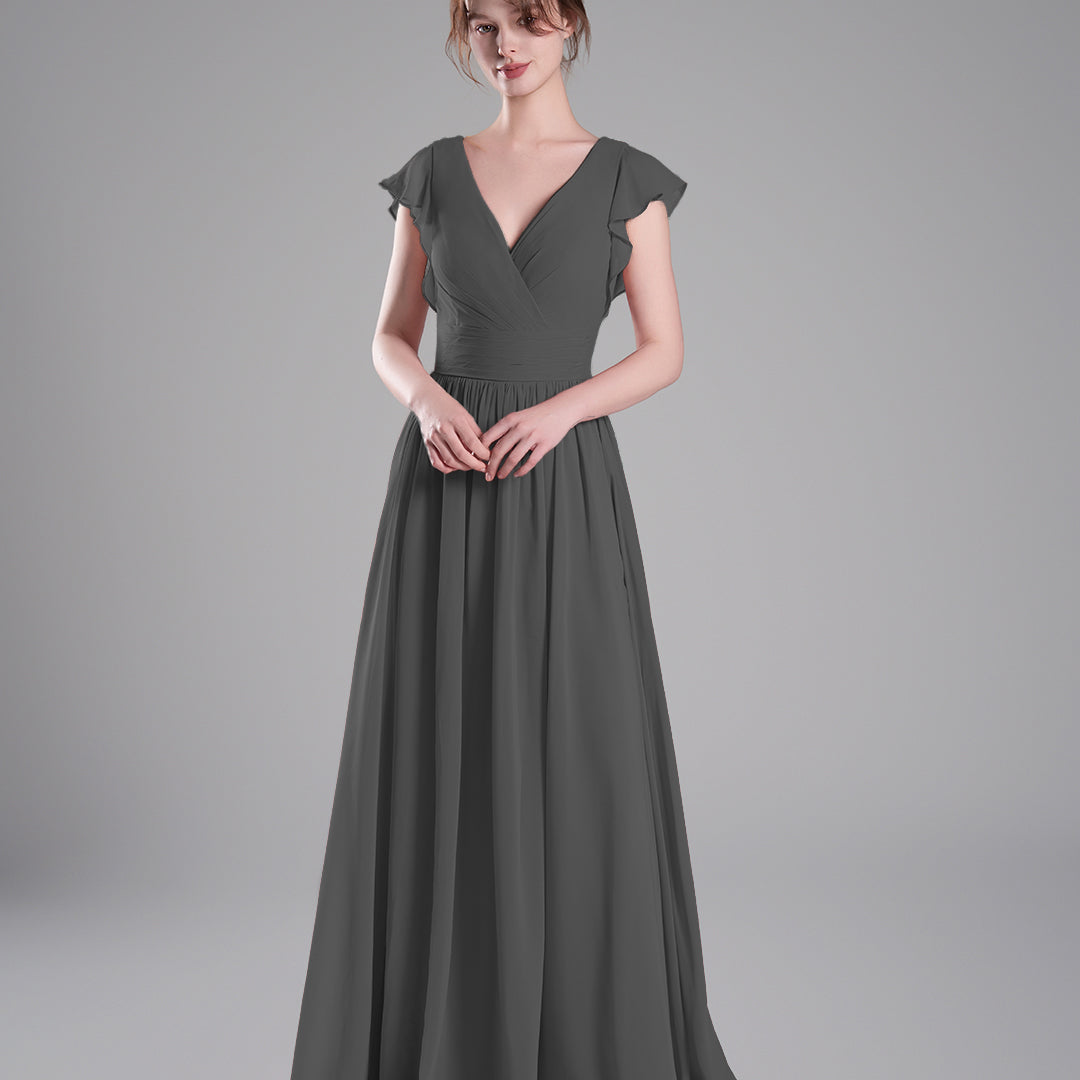 Flutter Sleeves Pleated Bodice Open Back Dresses