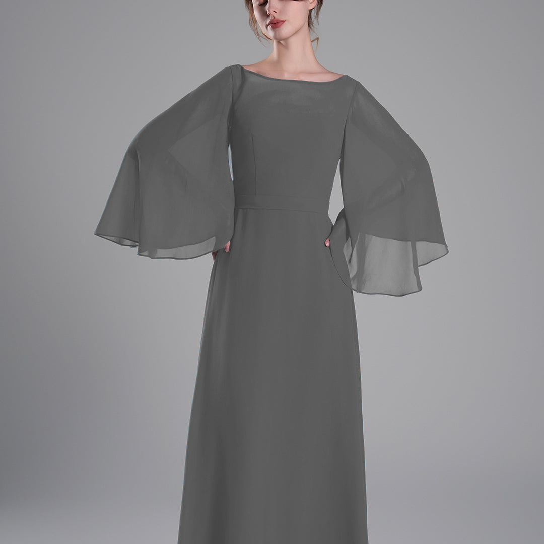 Boat Neckline Bell Sleeves Floor-Length A-Line Dresses