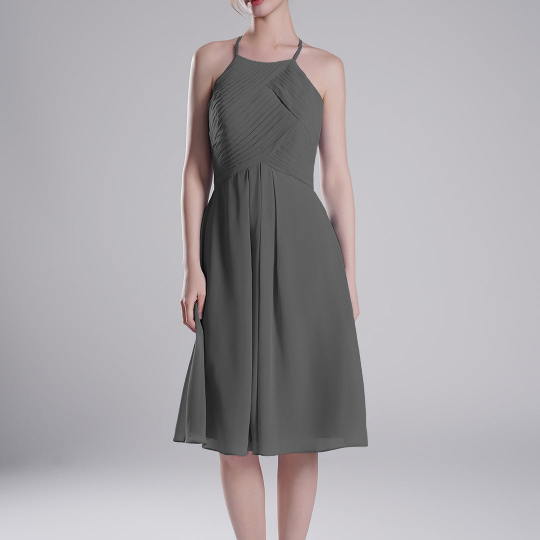 Halter Neckline Pleated Bodice Open Back Mini Dresses