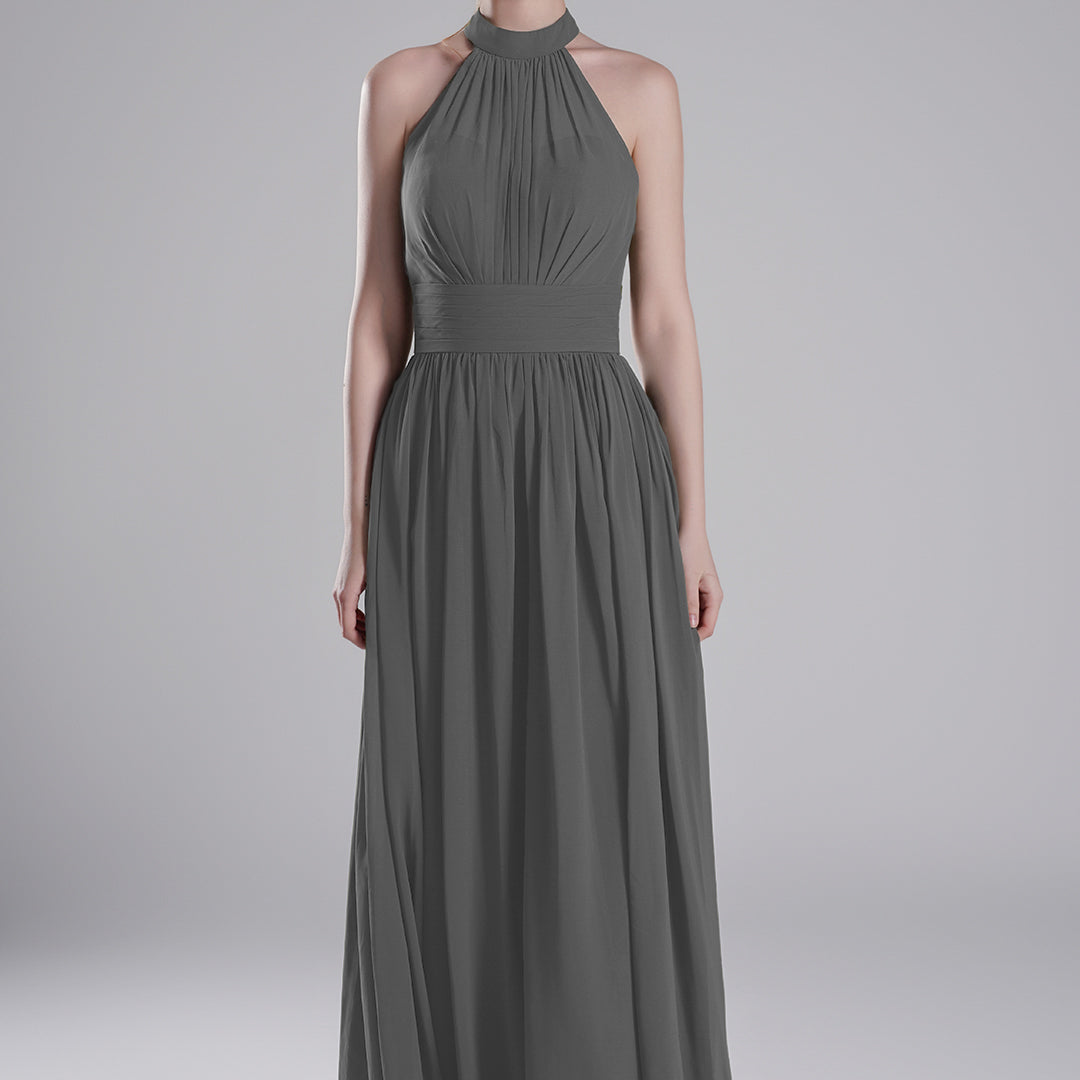 Halter Neckline Pleated Bodice Open Back A-Line Dresses