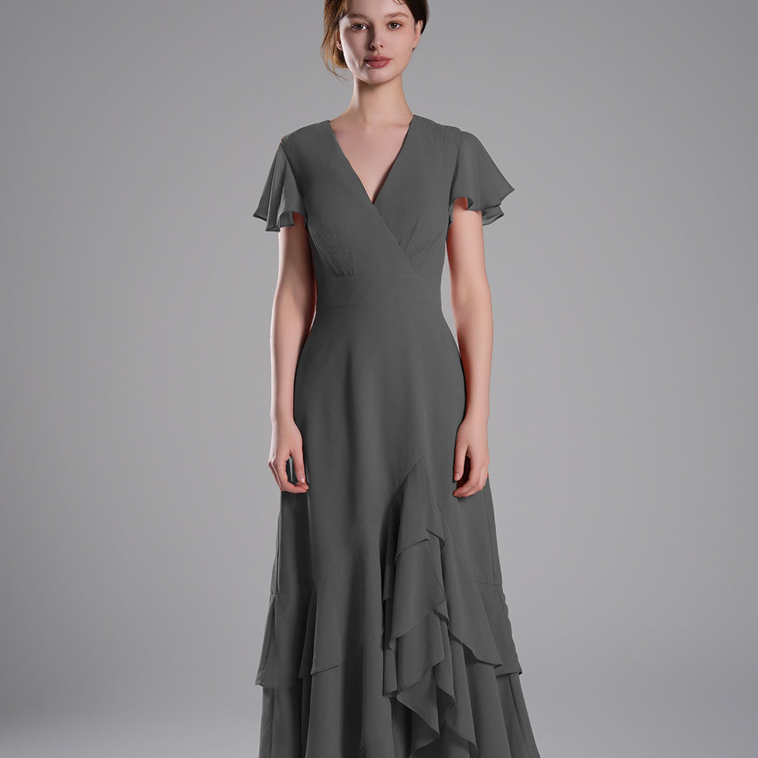 V-Neck Flutter Sleeves Asymmetrical Hemline Dresses