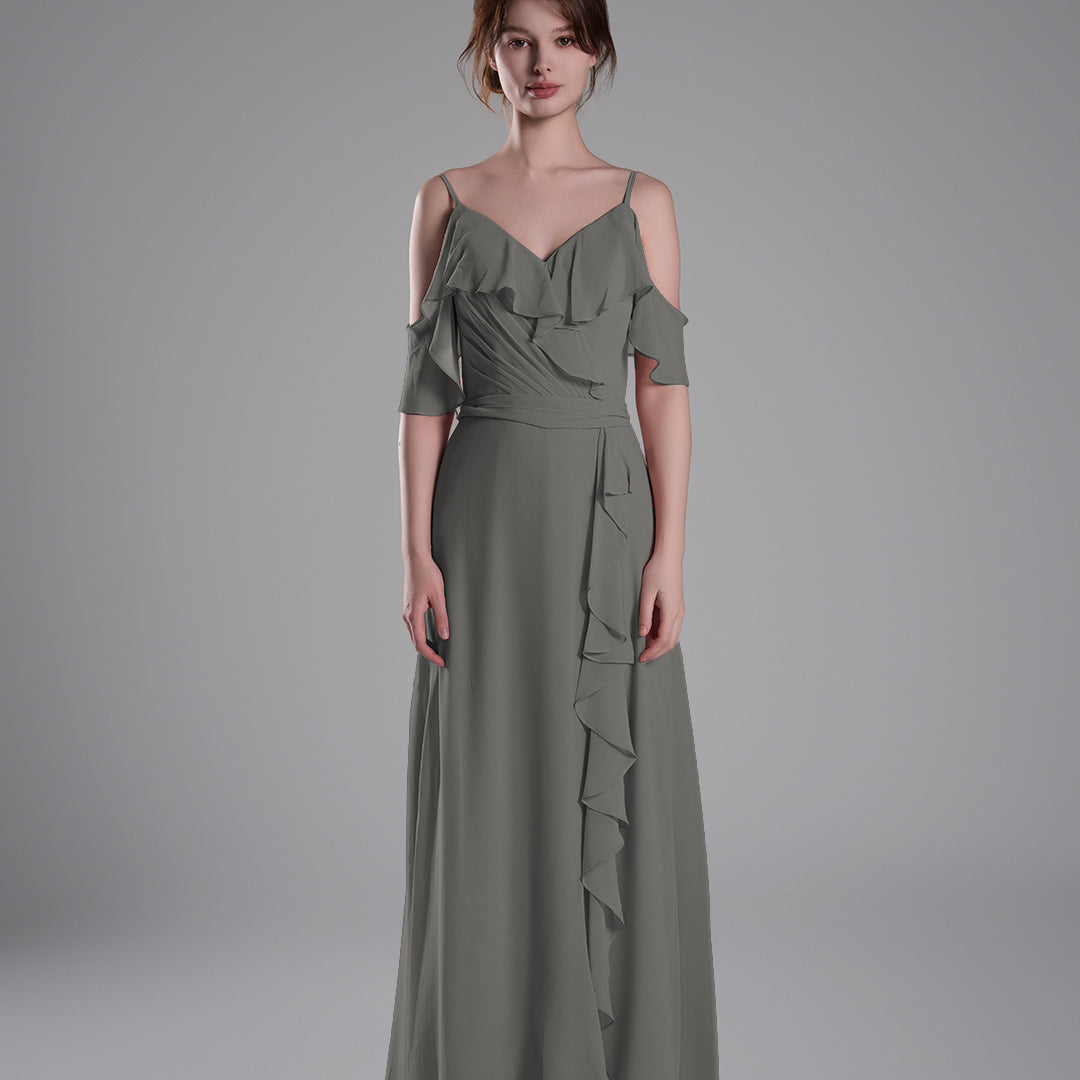 Adjustable Straps Ruffled Chiffon Long Dresses
