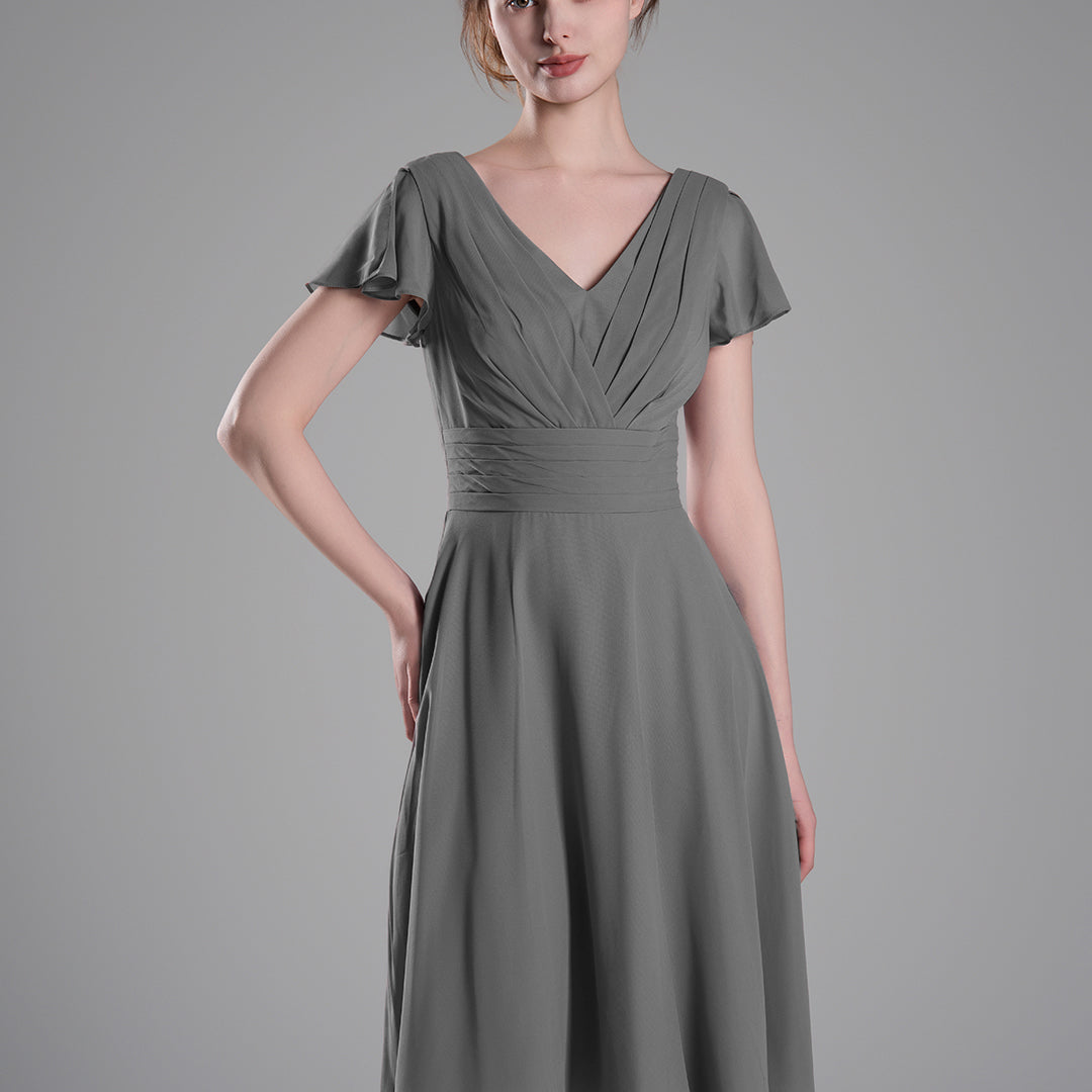 Flutter Sleeves Pleated V-Cut Back Mini Dresses