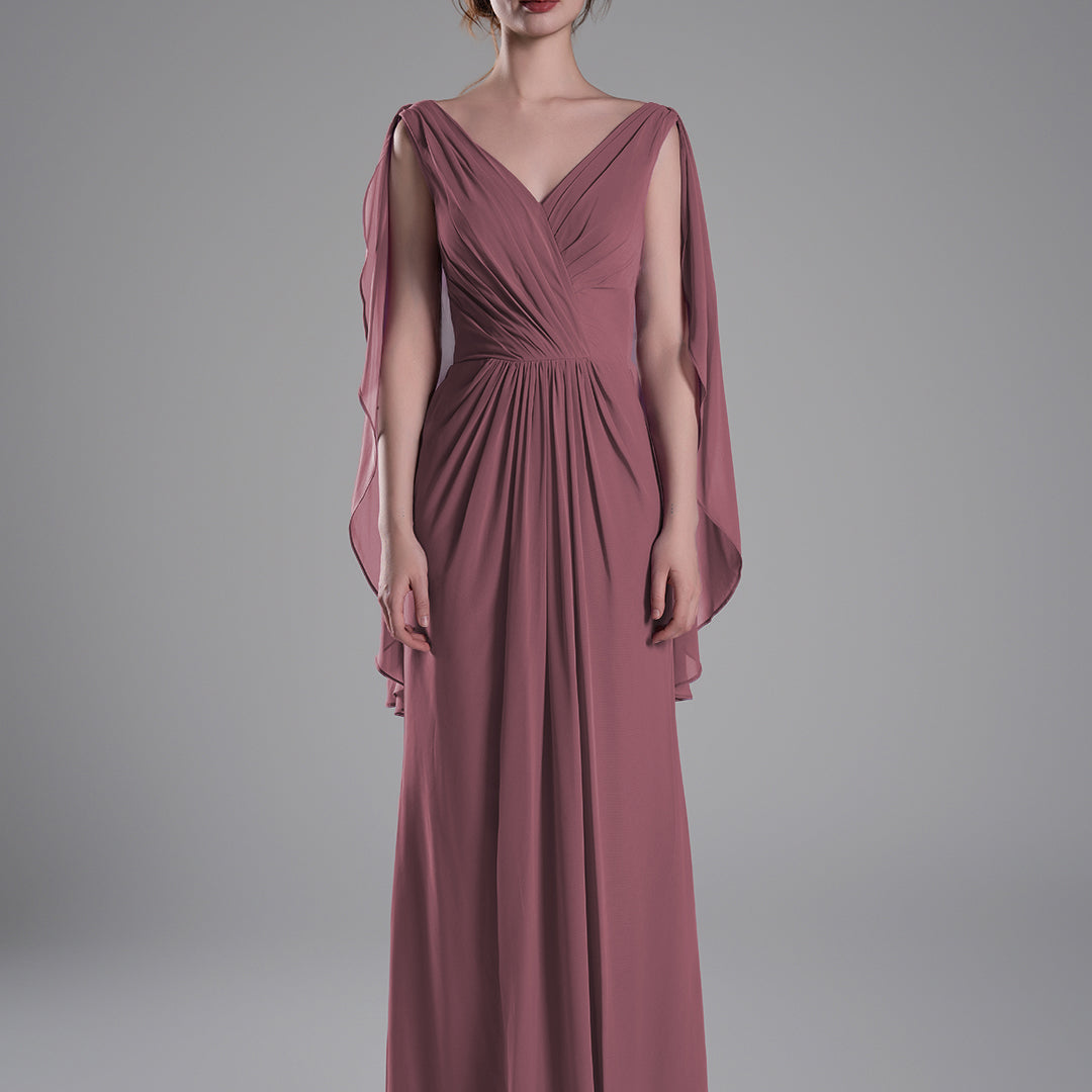 V-Neck Flowing Cape Sleeves Pleated Dress