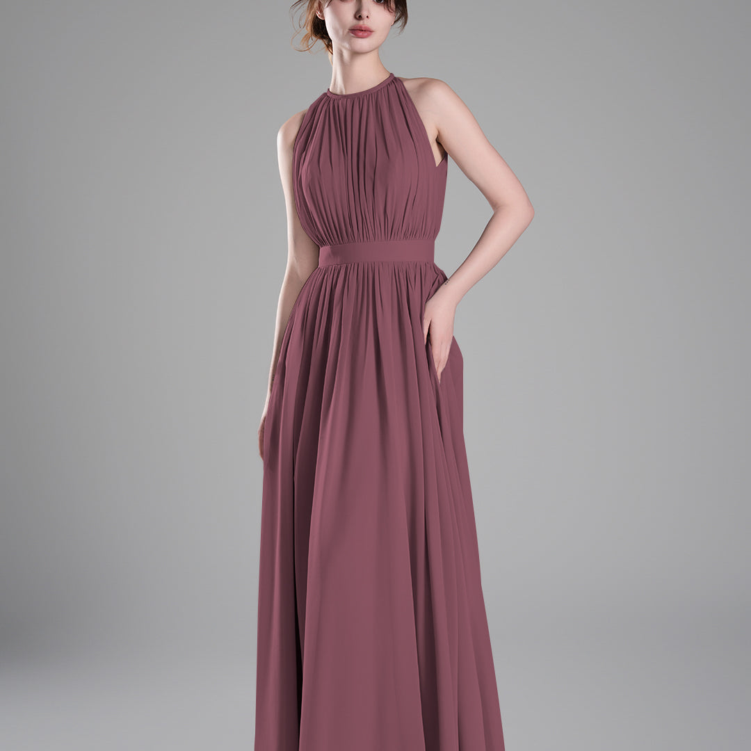 Halter Neckline Pleated Cinched Waist Dresses