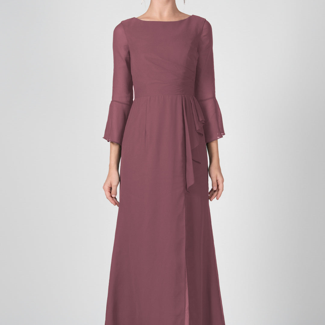 Bateau Neck Sheer Sleeve Split Maxi Dresses