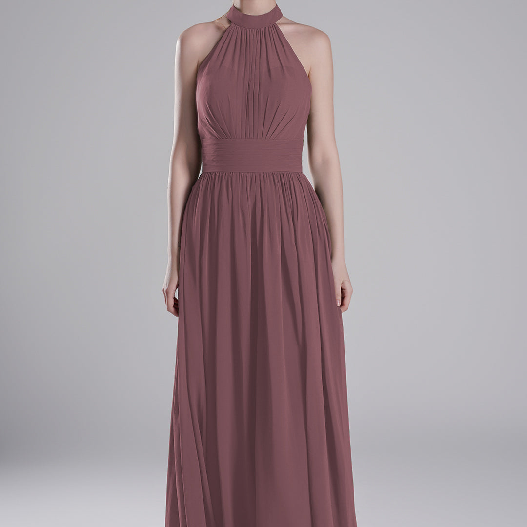 Halter Neckline Pleated Bodice Open Back A-Line Dresses