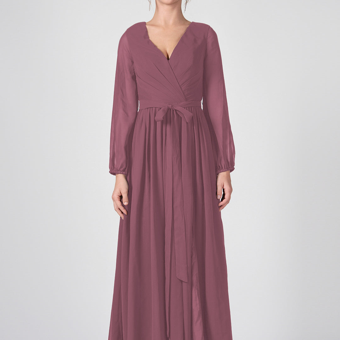 Ruched V-Neck Long Sleeve Split Maxi Dresses with Tie