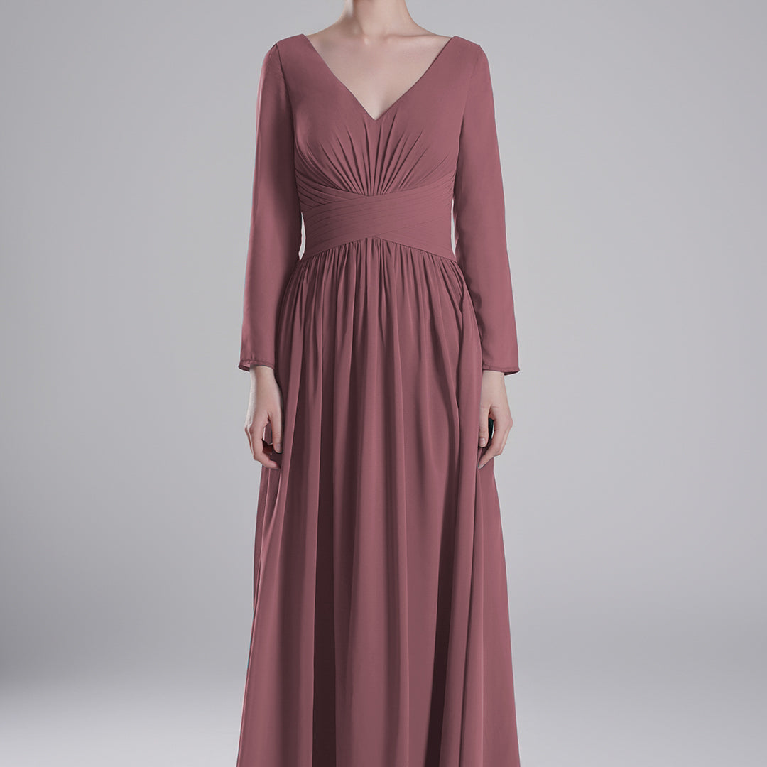 V-Neck Pleated Fitted Waist Flowing A-Line Dresses