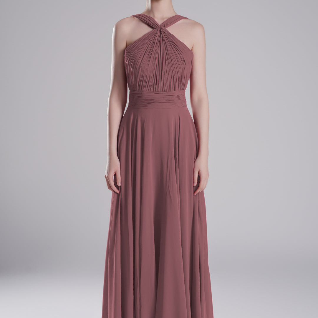 Halter Neck Cross Straps Pleated Waist A-Line Dresses