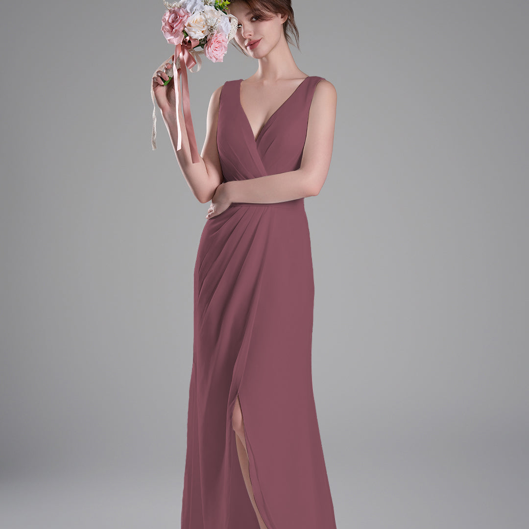 V-Neck Crossover Bodice Pleated Front Slit Dresses