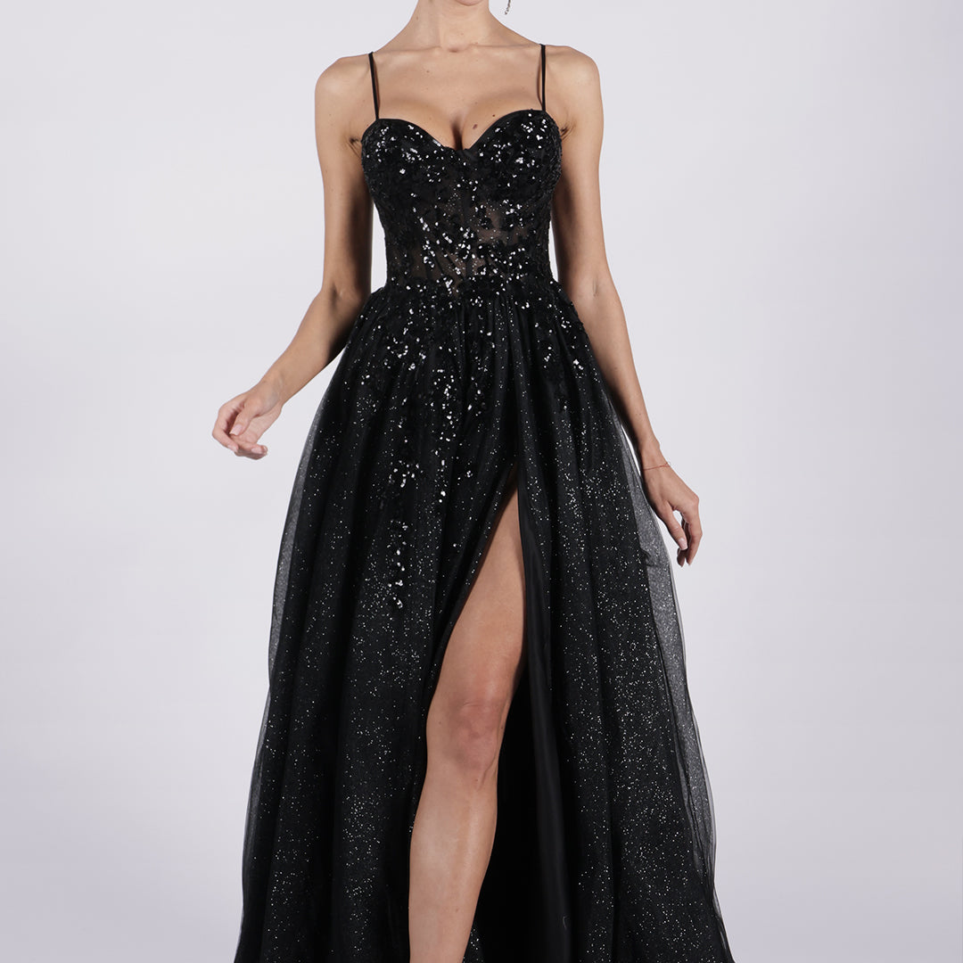 A-Line Corset Sequin Embroidery Split Lace-up Puffy Dress