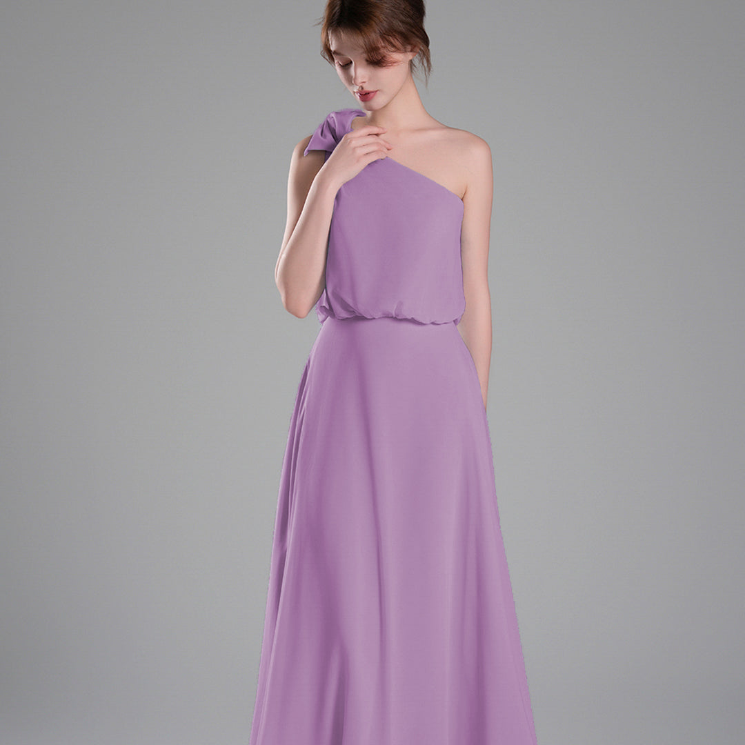 One-Shoulder Bow Detail Flowing A-Line Dresses