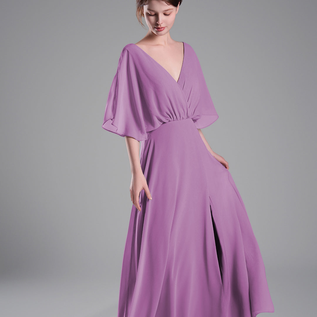 Draped Sleeves High Slit Backless Dresses