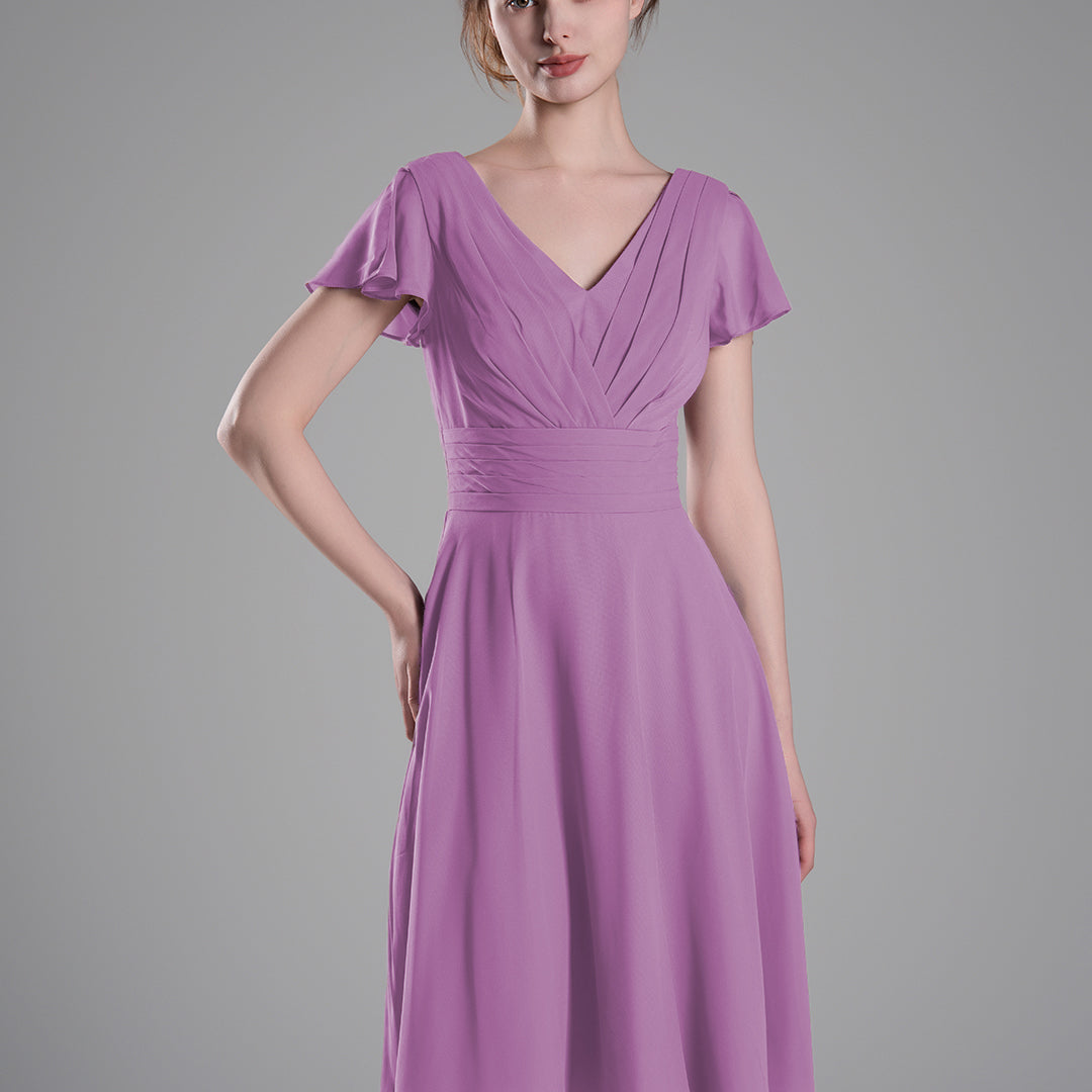 Flutter Sleeves Pleated V-Cut Back Mini Dresses