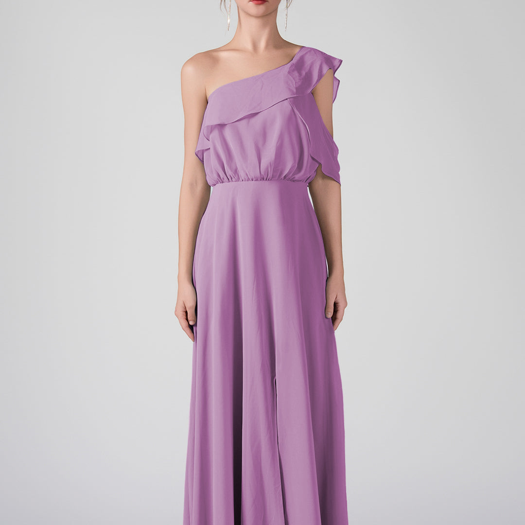 One Shoulder Ruffled Sleeves Front Split A-Line Maxi Dress