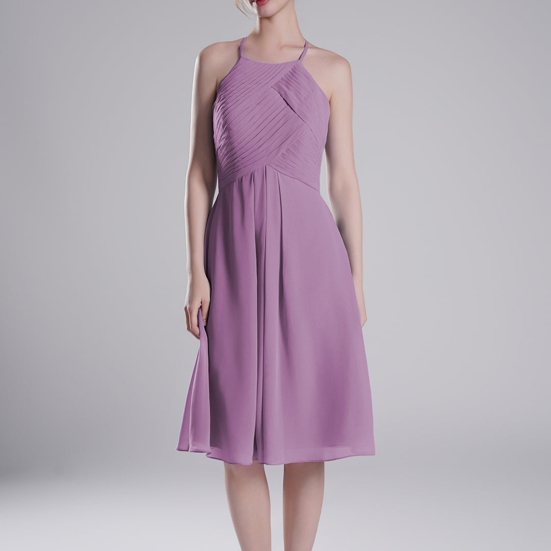 Halter Neckline Pleated Bodice Open Back Mini Dresses