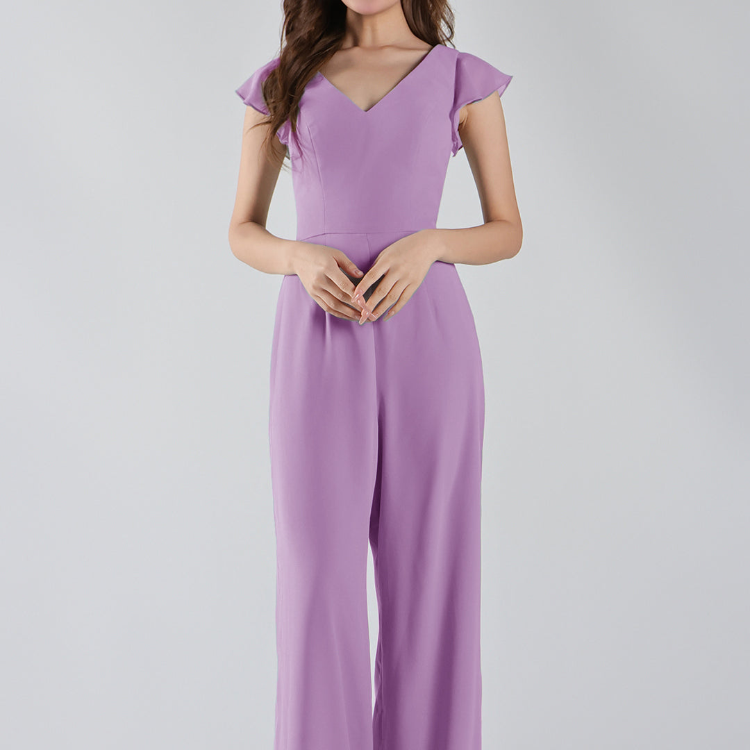 V-Neck Flutter Sleeves Wide-Leg Chiffon Jumpsuit