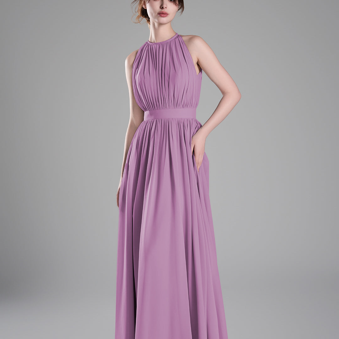 Halter Neckline Pleated Cinched Waist Dresses