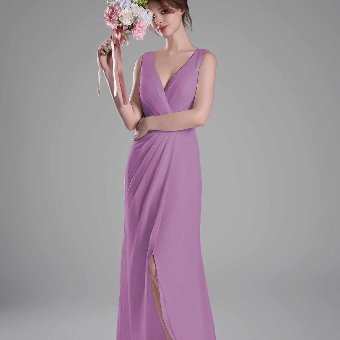 V-Neck Crossover Bodice Pleated Front Slit Dresses