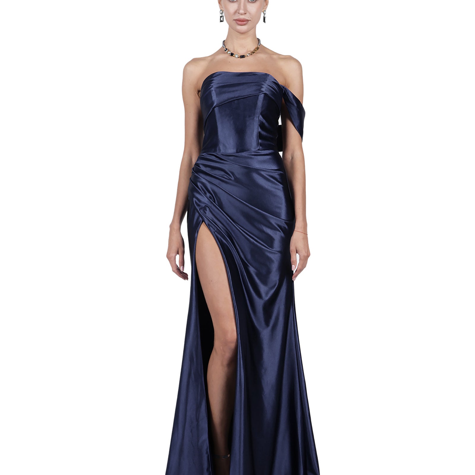 Off-Shoulder Pleated Satin High Split Flutter Elegant Evening Dresses