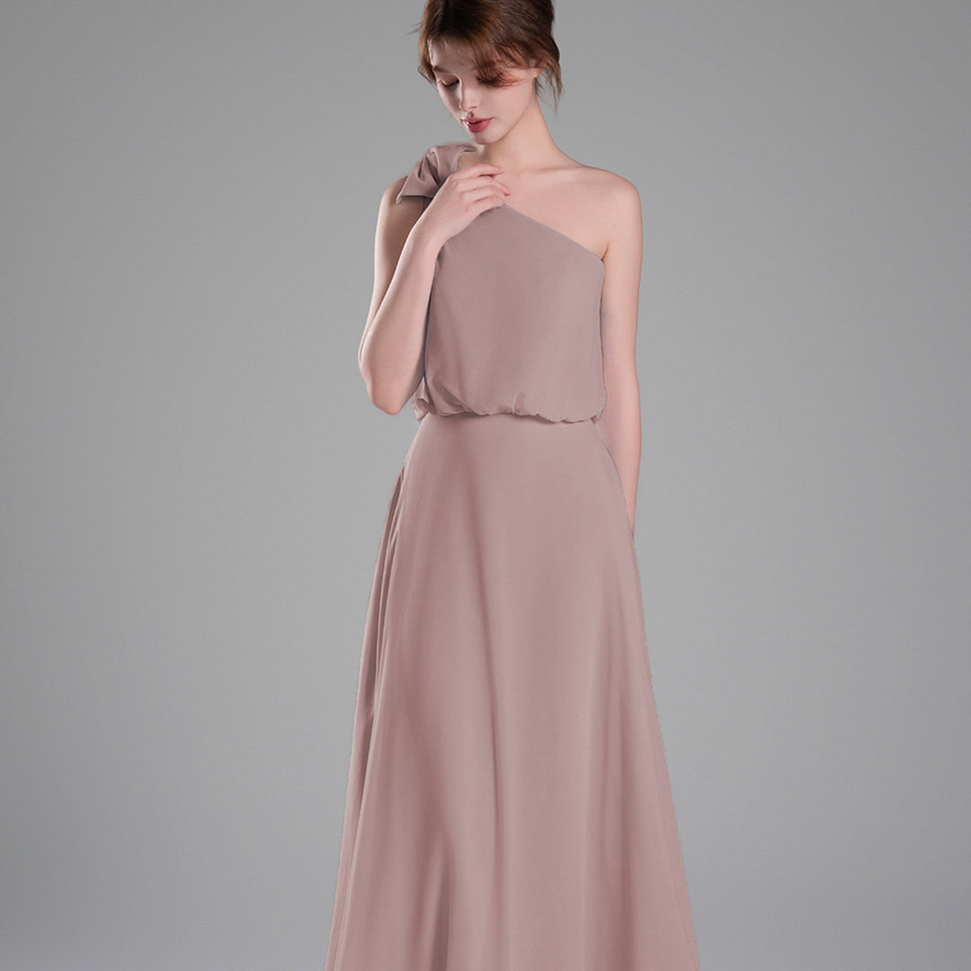 One-Shoulder Bow Detail Flowing A-Line Dresses